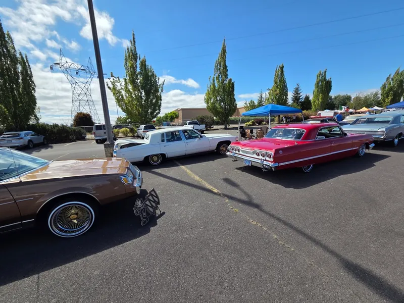 Midday — classic cars lined up in the lot